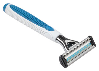 Obraz premium Close up of a blue and white disposable razor isolated on transparent background