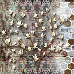 Elegant artistic wall mural featuring decorative blooming floral tree with soft pastel shades.