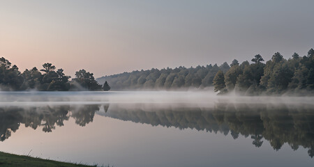 Fototapeta premium Tranquil Misty Morning on a Lake with Perfect Reflection