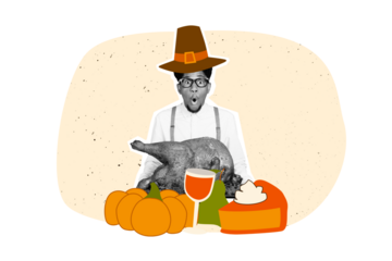 Composite photo collage of shocked american guy hold roasted turkey dish pumpkin pie slice traditional dinner isolated on painted background