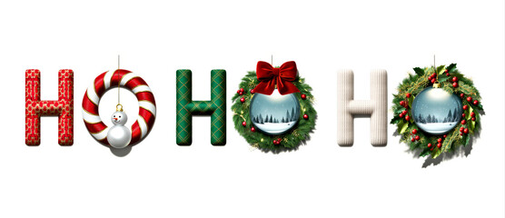 Festive Christmas Holiday Decor with Candy Cane and Evergreen Wreath Ornaments. "Ho Ho Ho" Christmas Design
