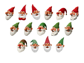 Festive Santa Gnome Collection with Varied Hats and Expressions in Christmas Colors on transparent background