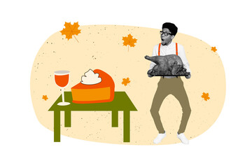 Composite photo collage of shocked american guy hold roasted turkey pumpkin glass pie traditional food festive isolated on painted background