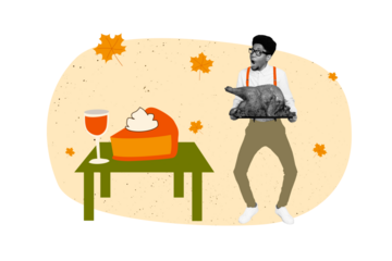 Composite photo collage of shocked american guy hold roasted turkey pumpkin glass pie traditional food festive isolated on painted background