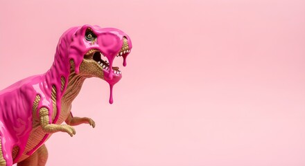 Playful pink dinosaur toy with drooling effect against a soft pink gradient background