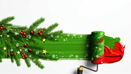 Festive Christmas Paint Roller with Pine Branches, Ornaments, and Snowflakes on White Background. Christmas and New Year concept on white background with copy space