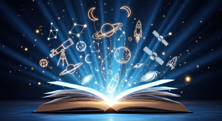Magical Cosmic Exploration: Open Book Unleashing the Wonders of Space Science