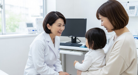 Fototapeta premium 小児科で診察を受ける赤ちゃんと母親