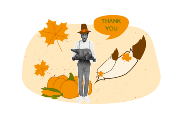 Composite photo collage of shocked american guy hold roasted turkey pumpkin thanksgiving celebration banquet isolated on painted background