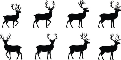Deer silhouette illustration, stag antler vector, elk wildlife design, reindeer animal graphic, hunting symbol art, forest nature artwork, wild buck pose