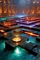 Enchanting Neon-Lit Maze in Magical Courtyard with Reflective Water and Candlelight Ambiance