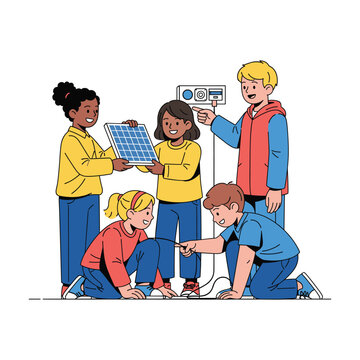 Diverse group of children learning about solar energy and renewable power