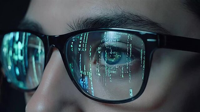 Person wearing glasses reflects digital code at Night