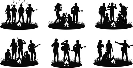 Silhouettes of diverse groups of friends around a campfire, playing guitar, singing, and enjoying a summer night, a vector illustration for music and travel design