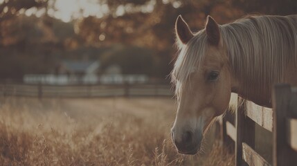 Horses in a golden field during sunset create a serene rural atmosphere near a farmhouse - Low Contrast