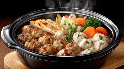 Aromatic steam rises from a hot pot filled with mushrooms, tofu, and herbs, surrounded by fresh vegetables and garlic on a countertop