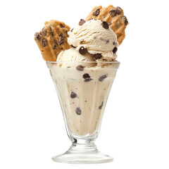 A delicious dessert featuring a tall glass filled with creamy chocolate chip ice cream topped with crunchy cookies. set against a simple white background. perfect for food photography