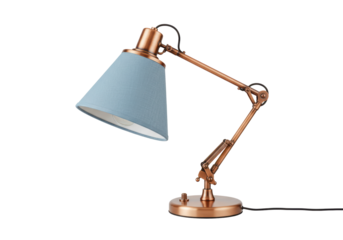 Isolated adjustable industrial desk lamp with blue fabric lampshade and bronze metal frame
