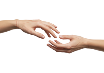 Isolated hands reaching, fingers outstretched, skin with markings, minimalist design concept