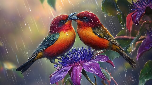 2. A pair of vibrant sunbirds with deep ruby and gold plumage perch side-by-side on a purple passionflowe - Powered by Adobe