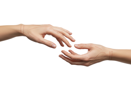 Isolated hands reaching, fingers outstretched, skin with markings, minimalist design concept