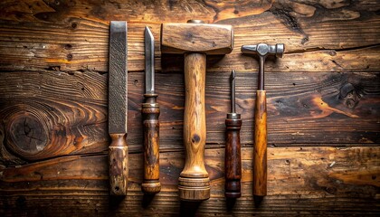 A rustic overhead shot features five woodworking tools arranged atop a weathered wooden surface, emphasizing texture