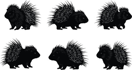 Porcupine silhouette illustration, wild animal vector, spiky quills design, forest rodent art, wildlife symbol graphic, cartoon style drawing, nature mammal