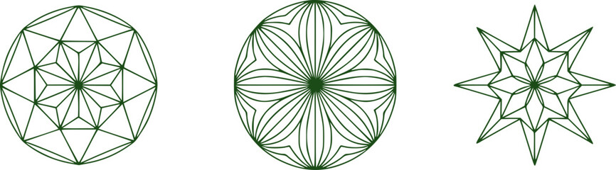 Geometric green emblems with intricate patterns symmetrical