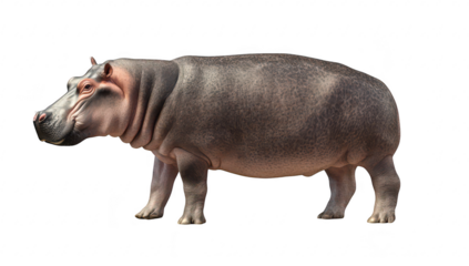 A realistic. detailed illustration of a hippopotamus standing on a white background. its robust body and distinctive features. ideal for educational and wildlife-related content