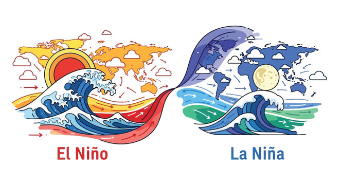 	An abstract visual representation showing the global impact of El Niño with warm waves and a red map, compared to La Niña with cool waves and a blue map, indicating worldwide weather patterns
