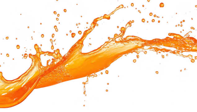 A splash of orange liquid gracefully arcs through the air against a clean white background. capturing the dynamic motion and energy of fluid in a visually striking manner