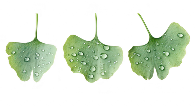 Three fresh ginkgo leaves with water droplets. their unique fan shape and green color. set against a clean white background. ideal for nature-themed designs