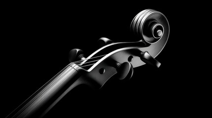 Close-up view of a violin scroll showcasing intricate design against a black background, highlighting craftsmanship