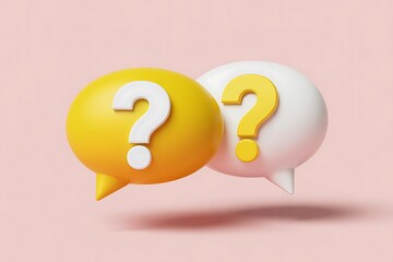 Two speech bubbles with question marks on a pink background isolated on white background