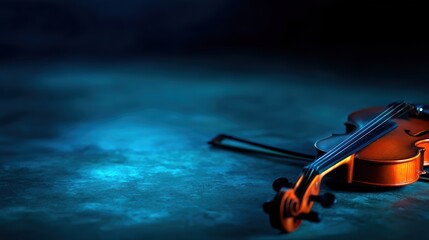 A beautifully lit violin resting on a textured surface, with a moody blue background enhancing its elegance