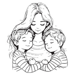 Mother and Children Vector — Black and White Illustration of Family Hug with Serene Expressions and Emotional Bonding