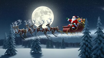Santa Claus in a festive red suit, riding a sleigh pulled by reindeer across a starry night sky, with a full moon illuminating the snowy ground below. - Powered by Adobe