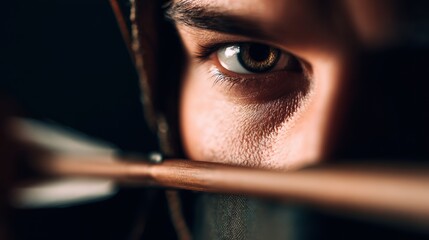Close-up of a focused archer aiming an arrow, with a dark background enhancing concentration