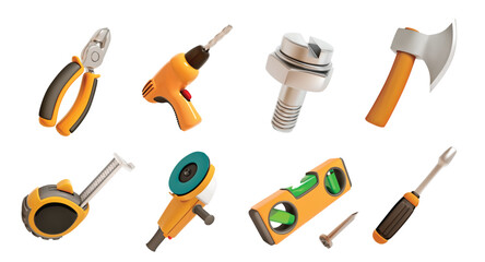 Construction Tools isolated vector 3d icon set for DIY and Maintenance with drill, Bubble Level, measuring tape. Hand tools for repair and construction.