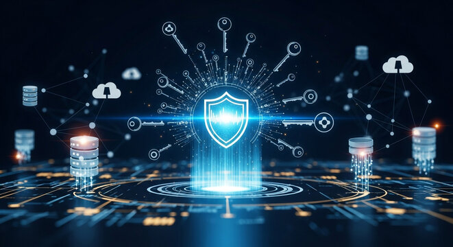 Modern cyber security shield protecting cloud data with encryption keys, professional technology illustration for digital safety and data protection, vibrant blue