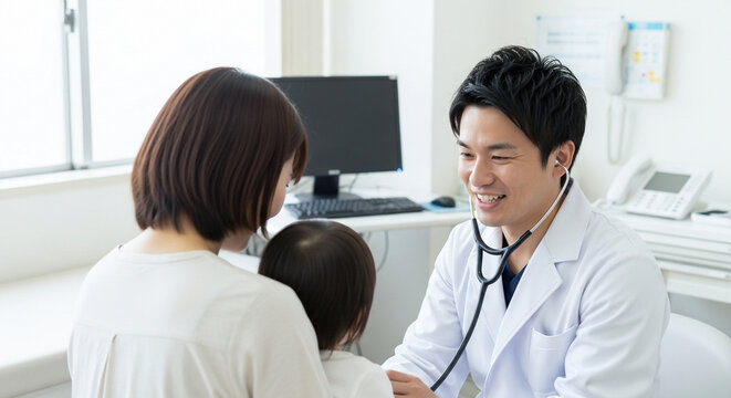 小児科で医師から診察を受ける赤ちゃんと母親