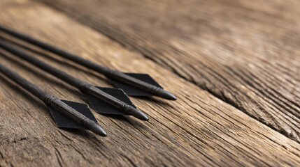 Close-up of three black arrows arranged on a rustic wooden surface, highlighting craftsmanship and texture