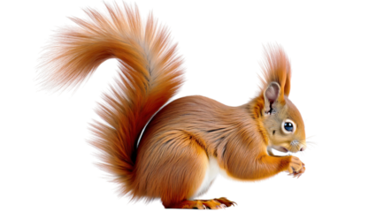 Cute red squirrel eating a nut on a tree branch in the forest