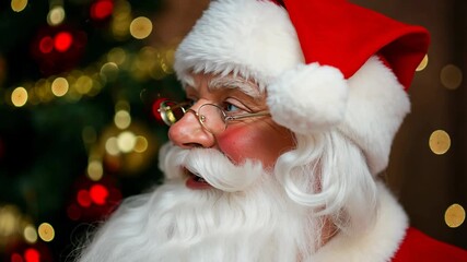 Close-up of Santa Claus’s face, showing his twinkling eyes, rosy cheeks, and white beard, wearing a red hat with a white pom-pom, against a blurred Christmas background. - Powered by Adobe