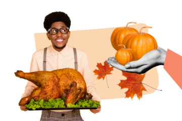 Sketch image trend collage of autumn season happy thanksgiving day feast young man hand hold tasty turkey dinner give pumpkin banquet
