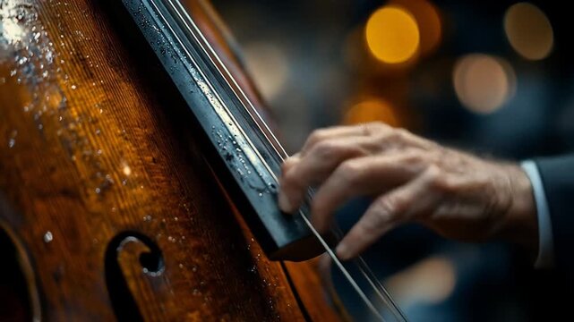 Close-up of a double bass being played, with water droplets on the wood and blurred city lights in the background