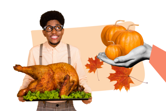 Sketch image trend collage of autumn season happy thanksgiving day feast young man hand hold tasty turkey dinner give pumpkin banquet