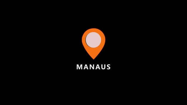 location of the city of Manaus ,the name of the place with the location has been displayed, sign animated with alpha channel 4k video GPS location tracking icon