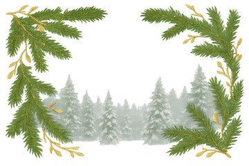 Obraz premium Christmas winter holiday frame featuring pine fir branches with golden berries and snowy evergreen forest background