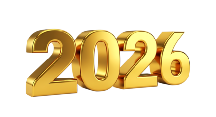 Golden 3d numbers 2026 isolated on transparent background